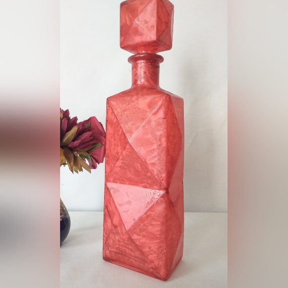Vintage Other - MCM Art Deco Glass Decanter w/ Square Stopper - Marbleized Red